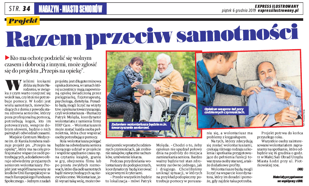 Express Ilustrowany Express Ilustrowany, Artykuł na temat naboru wolontariuszy do projektu "Przepis na Opiekę" finansowanego ze środków unijnych.