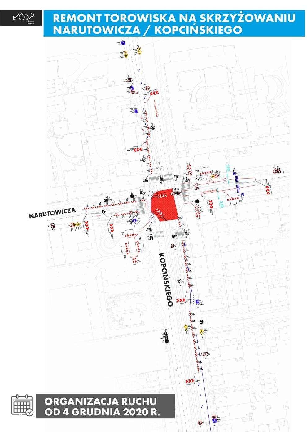 Remont torowiska na skrzyżowaniu Narutowicza/Kopcińskiego - organizacja ruchu od 4 grudnia 2020 r. 