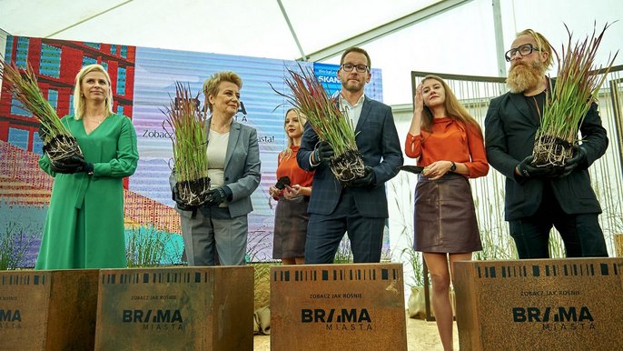 Zamiast zawieszenia tradycyjnej wiechy i wmurowania kamienia węgielnego pod całą inwestycję, rozsadzono ozdobne trawy do czterech kortenowych doniczek Zamiast zawieszenia tradycyjnej wiechy i wmurowania kamienia węgielnego pod całą inwestycję, rozsadzono ozdobne trawy do czterech kortenowych doniczek - fot. Radosław Jóźwiak / UMŁ