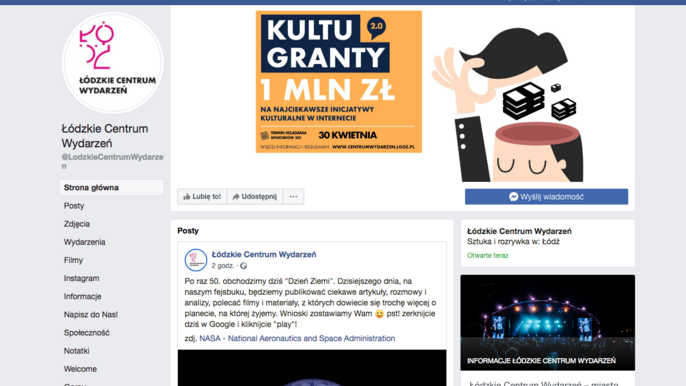 Tylko w ciągu ostatniego miesiąca fan page Łódzkiego Centrum Wydarzeń, które komunikuje aktywności on-line, odwiedziło ponad 2 000 000 poszukiwaczy ciekawych, kulturalnych treści. Tylko w ciągu ostatniego miesiąca fan page Łódzkiego Centrum Wydarzeń, które komunikuje aktywności on-line, odwiedziło ponad 2 000 000 poszukiwaczy ciekawych, kulturalnych treści.