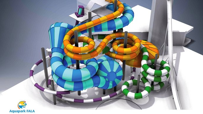 Nowy zespół zjeżdżalni składać się będzie z czterech atrakcji całorocznych – trzy zjeżdżalnie pontonowe z jeszcze większą liczbą zakrętów i efektów audiowizualnych. Nowy zespół zjeżdżalni składać się będzie z czterech atrakcji całorocznych – trzy zjeżdżalnie pontonowe z jeszcze większą liczbą zakrętów i efektów audiowizualnych. - mat. prasowe