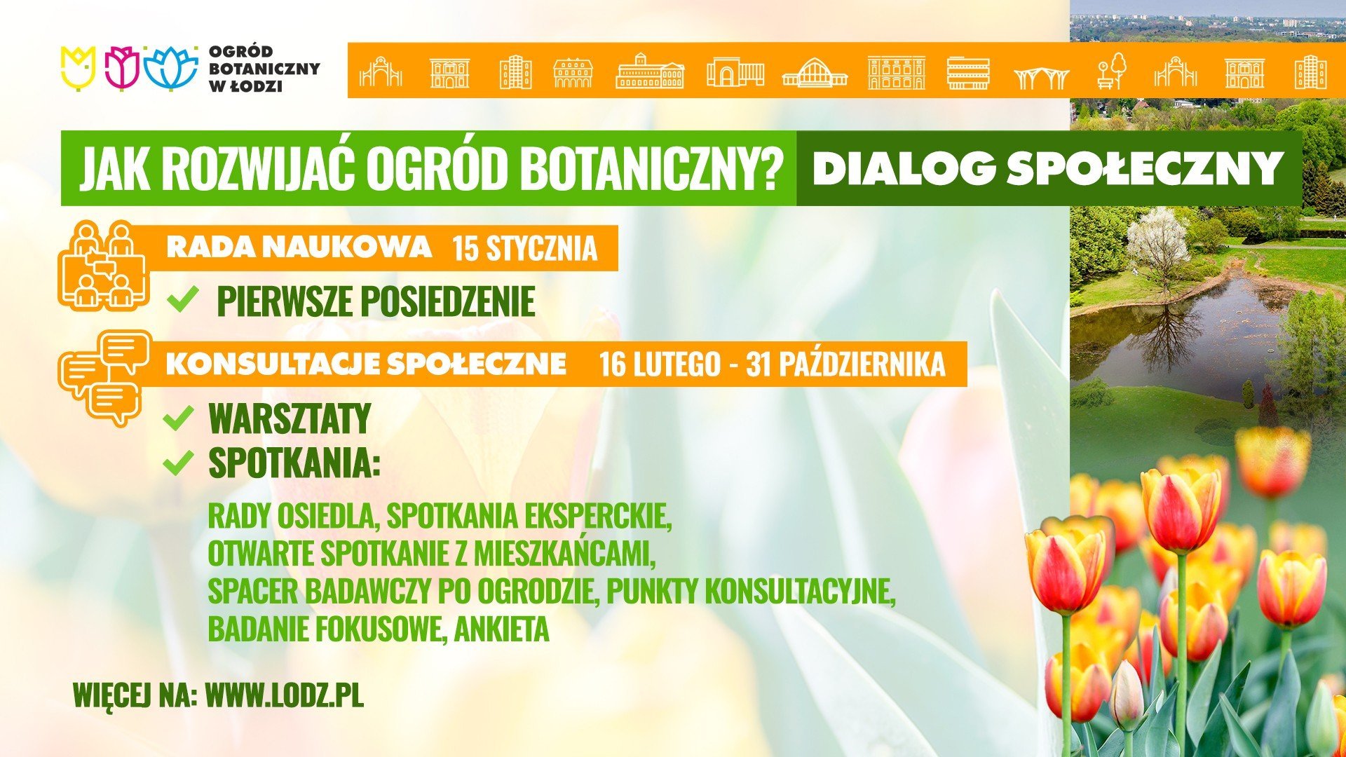 Grafika informacyjna Ogrodu Botanicznego w Łodzi. Duży napis: „Jak rozwijać Ogród Botaniczny? Dialog społeczny”. Informacje o wydarzeniach: Rada Naukowa – 15 stycznia, pierwsze posiedzenie. Konsultacje społeczne – od 16 lutego do 31 października: warsztaty, spotkania z mieszkańcami i ekspertami, spacer po ogrodzie, ankiety i punkty konsultacyjne. Na dole adres: www.lodz.pl. Po prawej stronie zdjęcie zielonego ogrodu ze stawem i kwitnącymi tulipanami.