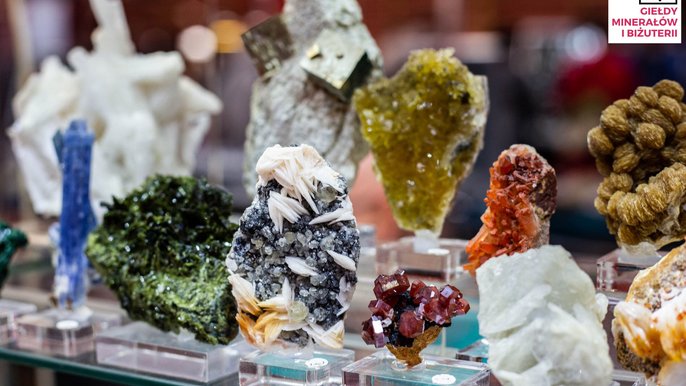 Zbliżenie na szklaną ladę z wystawionymi różnokolorowymi minerałami - każdy z nich ma nieregularny kształt i jest większy od ludzkiej dłoni. Zbliżenie na szklaną ladę z wystawionymi różnokolorowymi minerałami - każdy z nich ma nieregularny kształt i jest większy od ludzkiej dłoni.