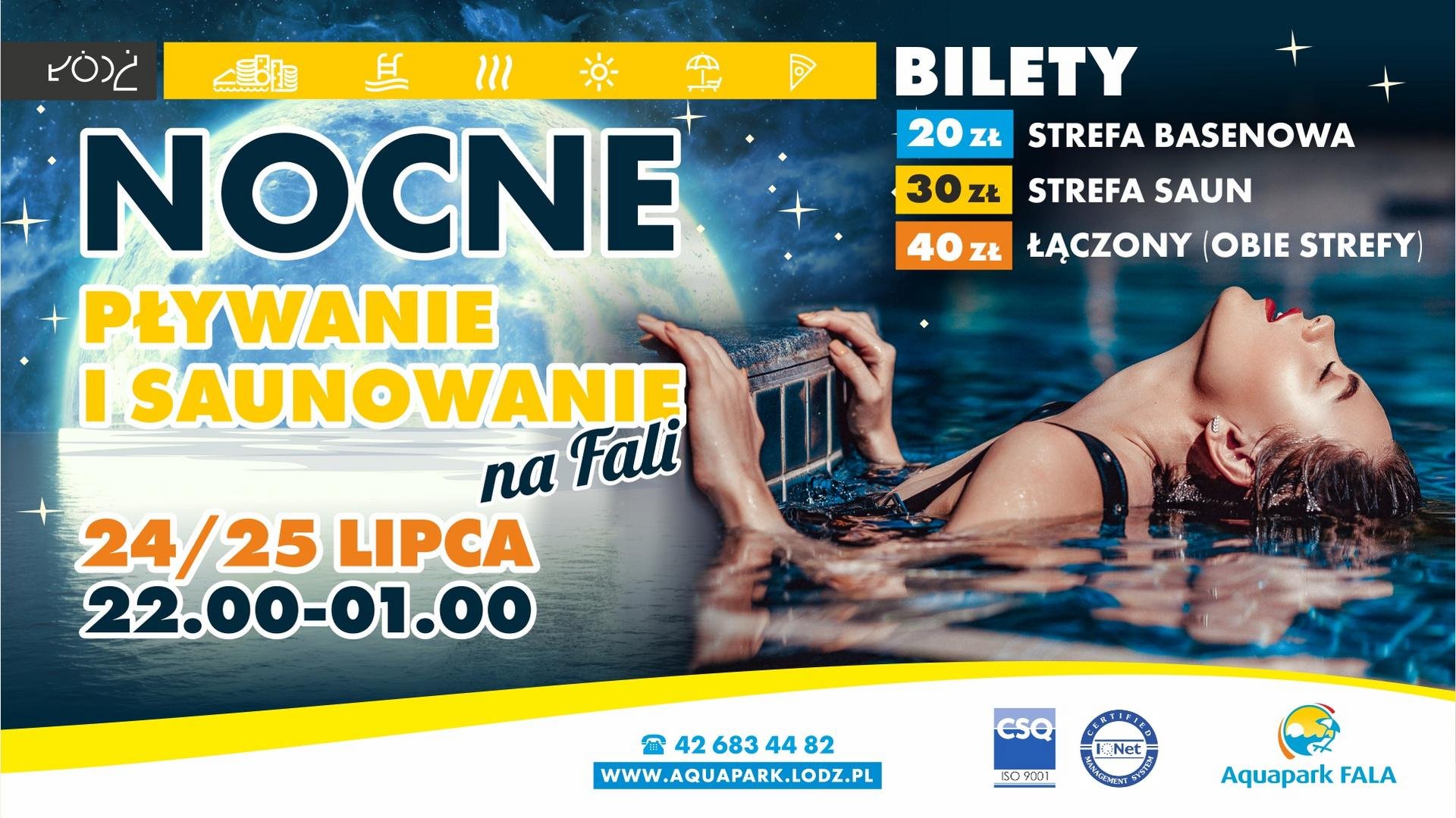 Nocne pływanie i saunowanie na Fali. 24/25 lipca 22:00-01:00 Bilety: 20 zł Strefa Basenowa 30 zł Strefa Saun 40 zł bilet łączony. , Nocne pływanie i saunowanie na Fali. 24/25 lipca 22:00-01:00 Bilety: 20 zł Strefa Basenowa 30 zł Strefa Saun 40 zł bilet łączony.