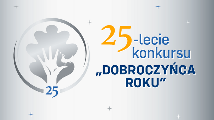  - grafika ilustracyjna: z lewej strony logotyp konkursu - drzewo, którego pień i konary stanowi rozpostarta dłoń, po lewej napis dwudziestopięciolecie konkursu Dobroczyńca Roku