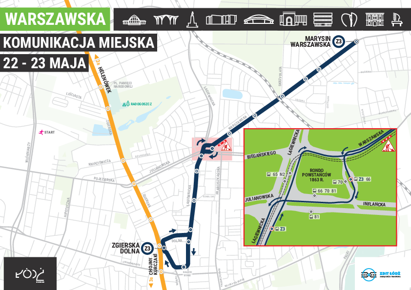 Mapa: Zmiany w komunikacji miejskiej w sobotę i niedzielę 22 i 23 maja 2021 r.